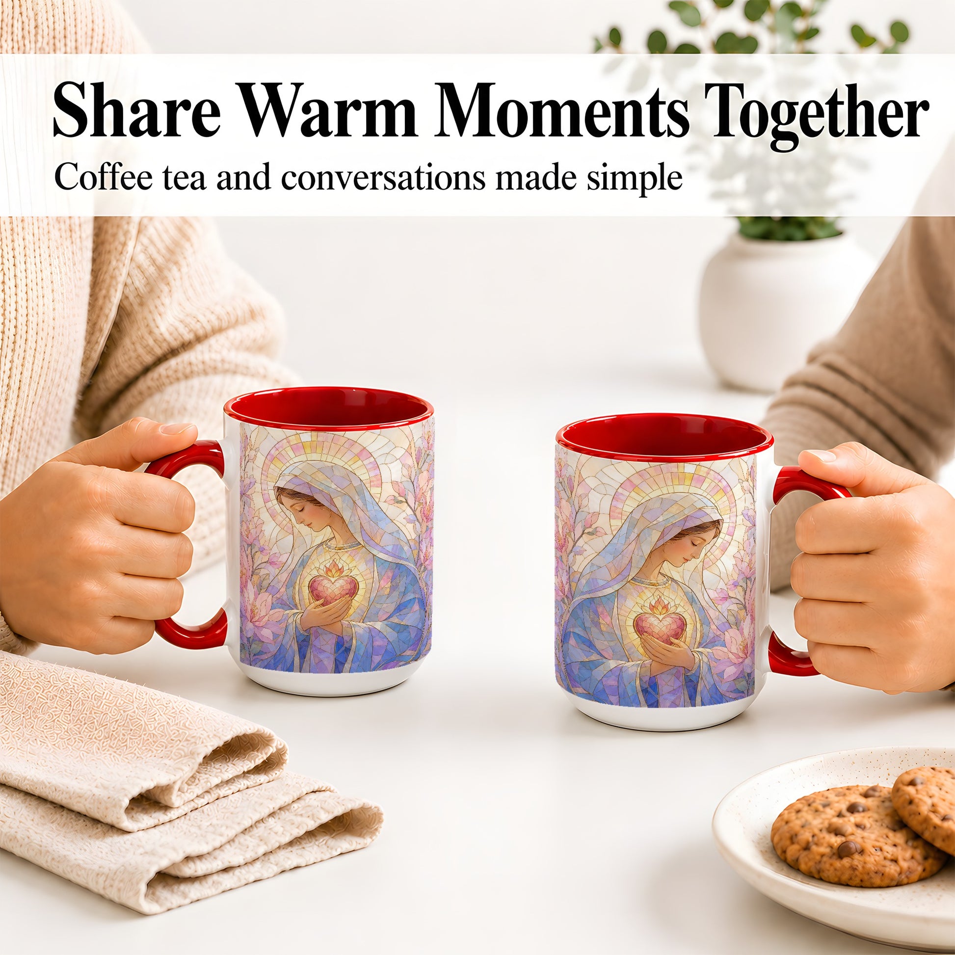 #pl[15oz|Red] Marian Stained Glass Ceramic Mug, Floral Religious Art for Christians