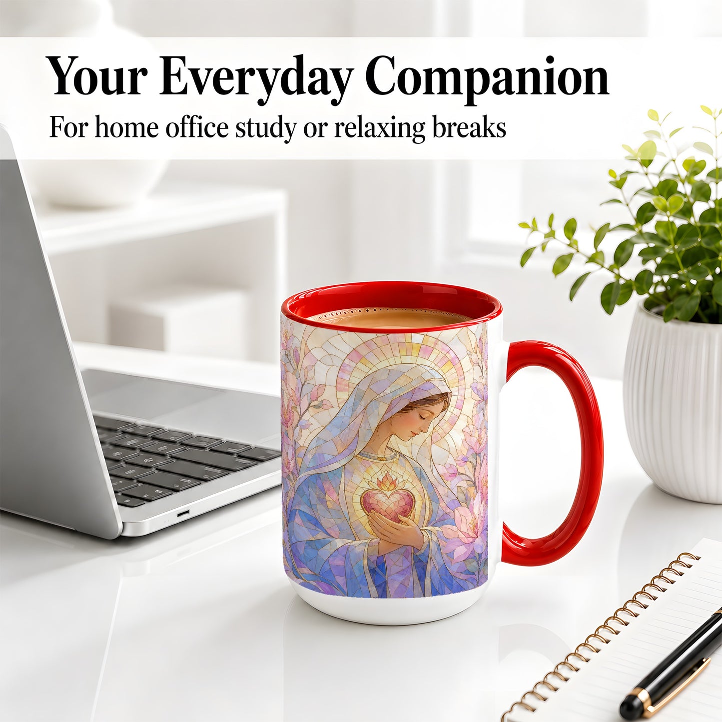 #pl[15oz|Red] Marian Stained Glass Ceramic Mug, Floral Religious Art for Christians