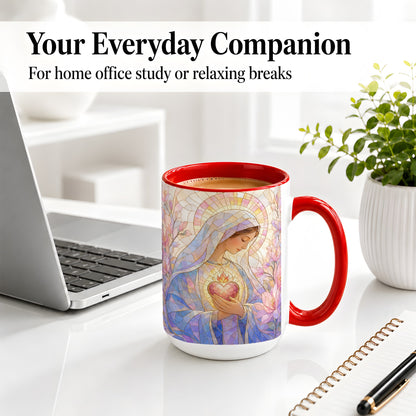 #pl[15oz|Red] Marian Stained Glass Ceramic Mug, Floral Religious Art for Christians