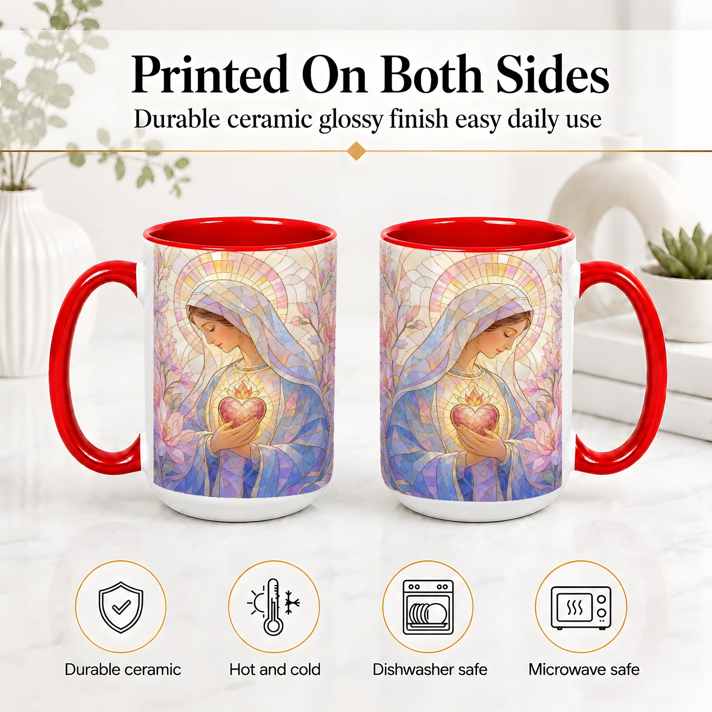 #pl[15oz|Red] Marian Stained Glass Ceramic Mug, Floral Religious Art for Christians