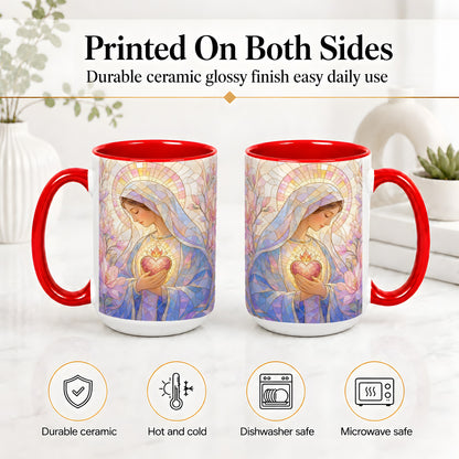 #pl[15oz|Red] Marian Stained Glass Ceramic Mug, Floral Religious Art for Christians