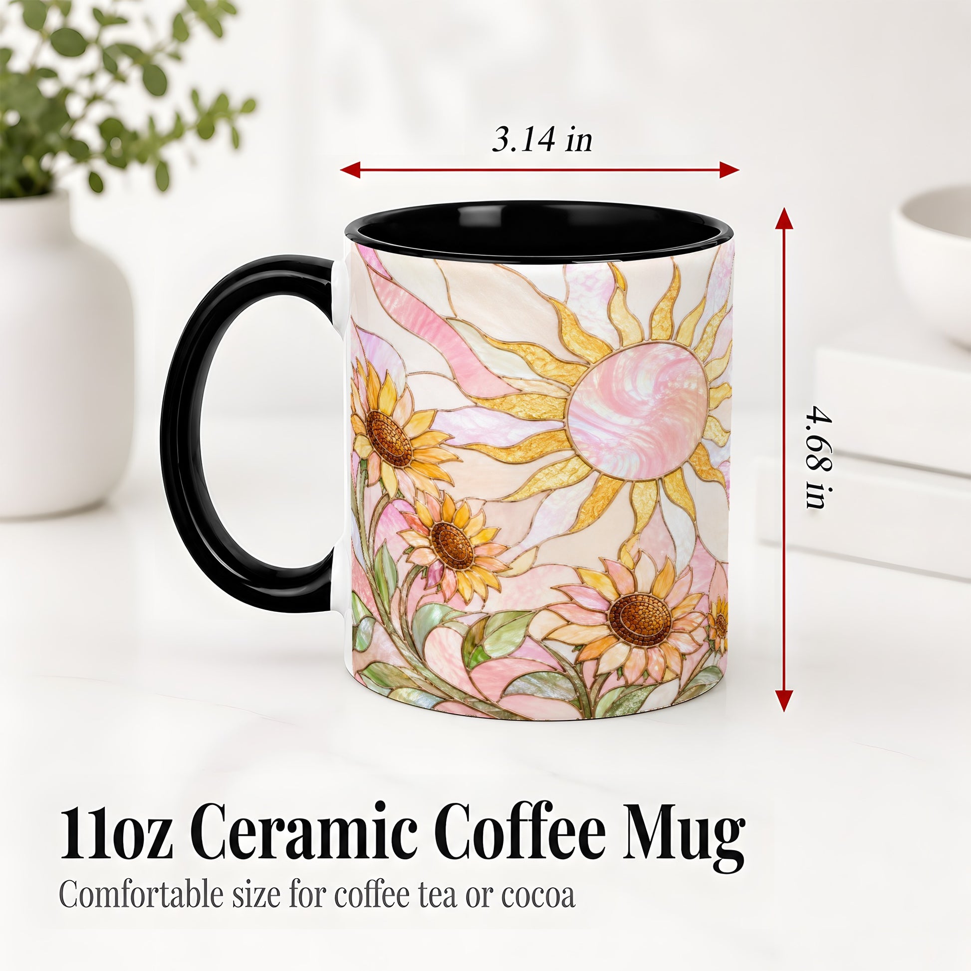 #pl[11oz|Black] Stained Glass Sunflower Ceramic Mug, Pastel Sun Art for Flower Fans