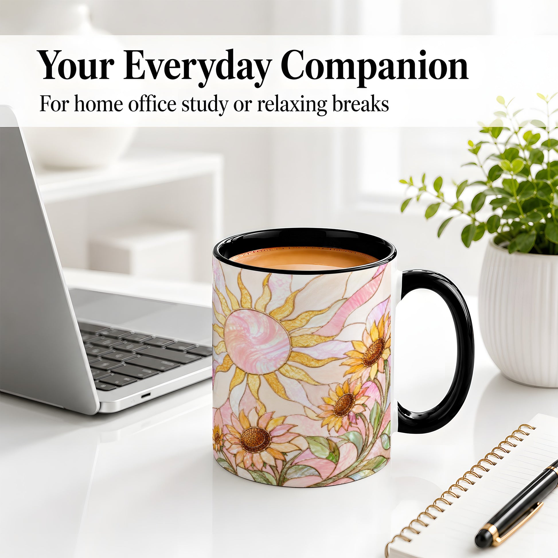 #pl[11oz|Black] Stained Glass Sunflower Ceramic Mug, Pastel Sun Art for Flower Fans