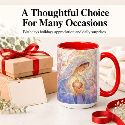 #pl[15oz|Red] Marian Stained Glass Ceramic Mug, Floral Religious Art for Christians