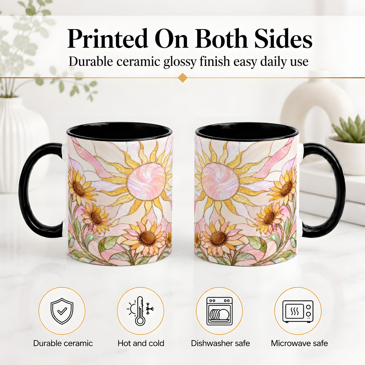 #pl[11oz|Black] Stained Glass Sunflower Ceramic Mug, Pastel Sun Art for Flower Fans