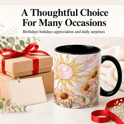 #pl[11oz|Black] Stained Glass Sunflower Ceramic Mug, Pastel Sun Art for Flower Fans
