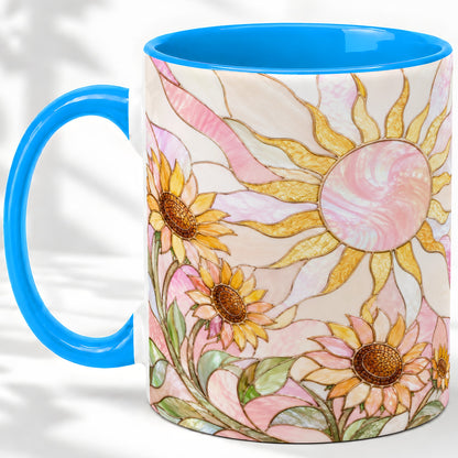 #pl[11oz|Blue] Stained Glass Sunflower Ceramic Mug, Pastel Sun Art for Flower Fans