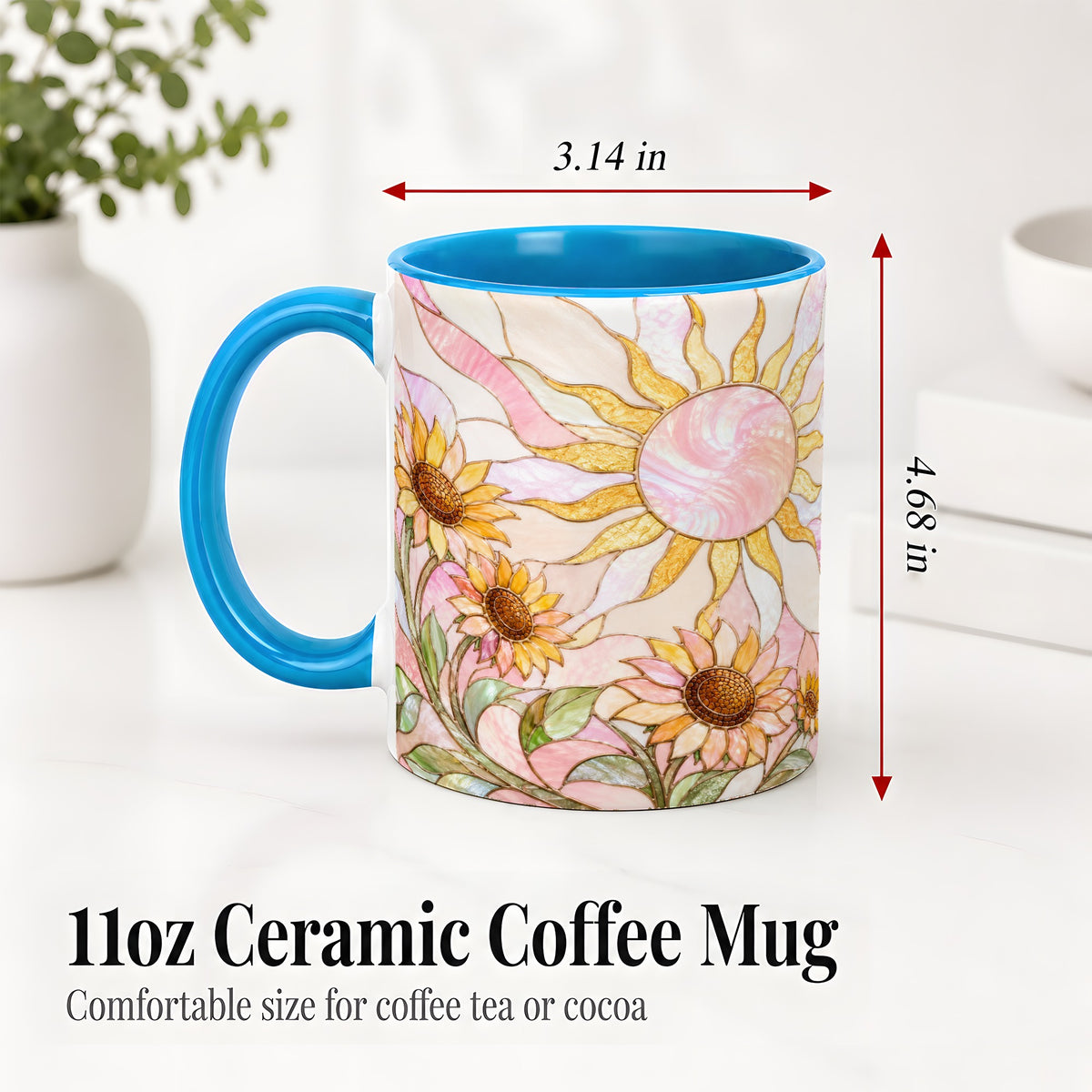 #pl[11oz|Blue] Stained Glass Sunflower Ceramic Mug, Pastel Sun Art for Flower Fans