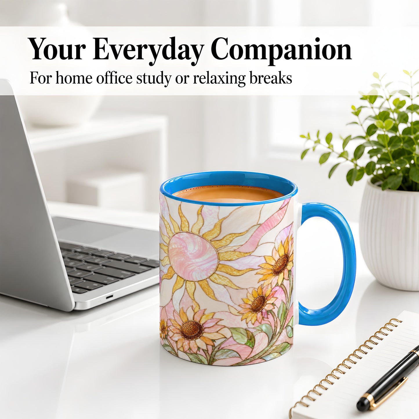 #pl[11oz|Blue] Stained Glass Sunflower Ceramic Mug, Pastel Sun Art for Flower Fans