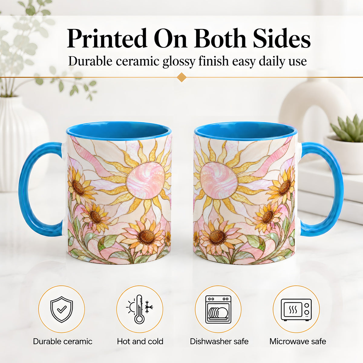 #pl[11oz|Blue] Stained Glass Sunflower Ceramic Mug, Pastel Sun Art for Flower Fans