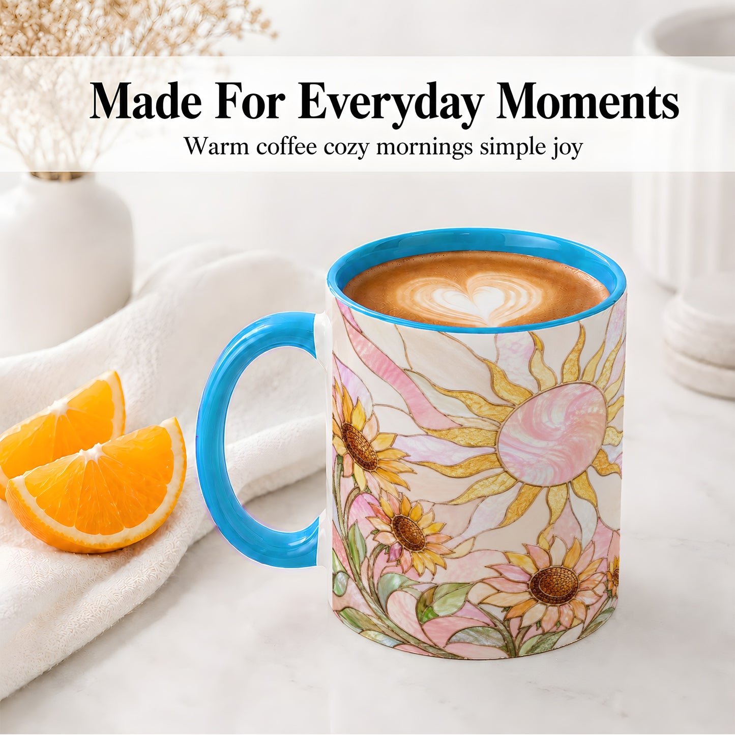 #pl[11oz|Blue] Stained Glass Sunflower Ceramic Mug, Pastel Sun Art for Flower Fans