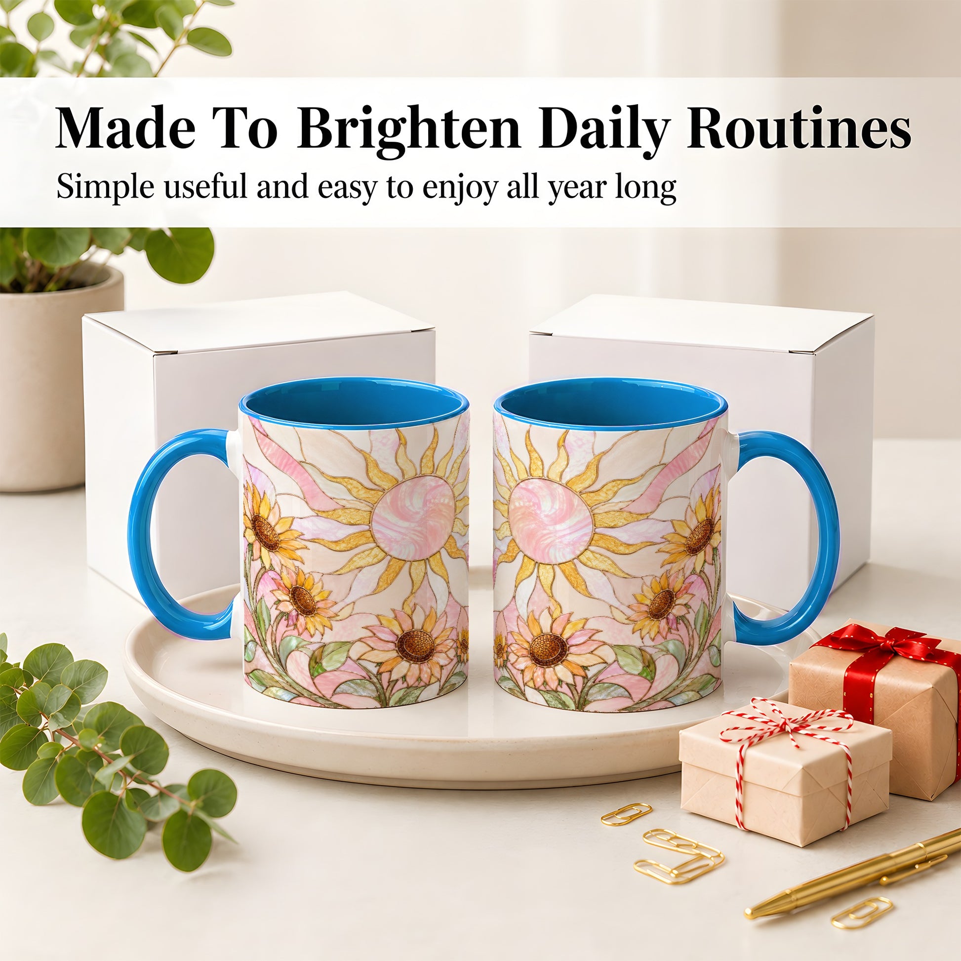 #pl[11oz|Blue] Stained Glass Sunflower Ceramic Mug, Pastel Sun Art for Flower Fans