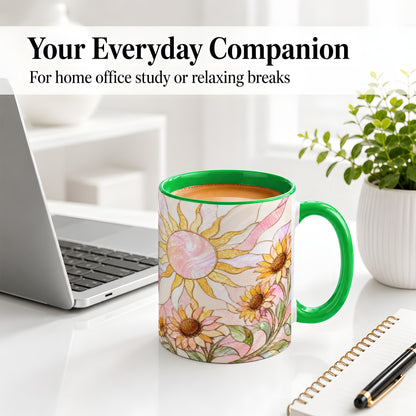 #pl[11oz|Green] Stained Glass Sunflower Ceramic Mug, Pastel Sun Art for Flower Fans