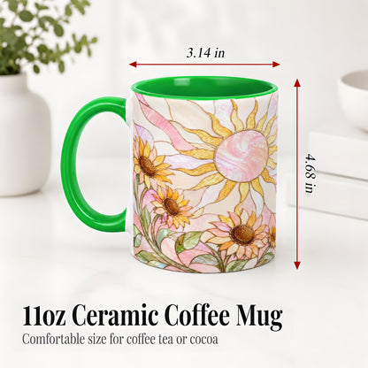 #pl[11oz|Green] Stained Glass Sunflower Ceramic Mug, Pastel Sun Art for Flower Fans