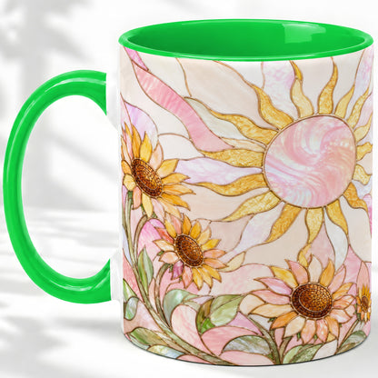 #pl[11oz|Green] Stained Glass Sunflower Ceramic Mug, Pastel Sun Art for Flower Fans