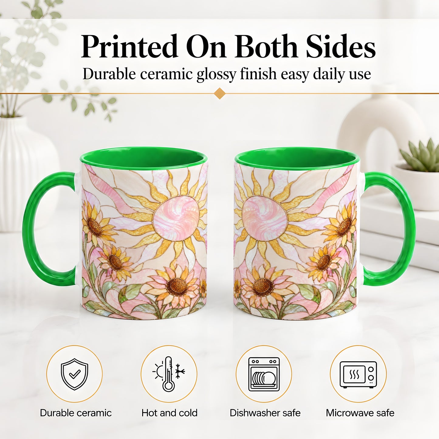 #pl[11oz|Green] Stained Glass Sunflower Ceramic Mug, Pastel Sun Art for Flower Fans