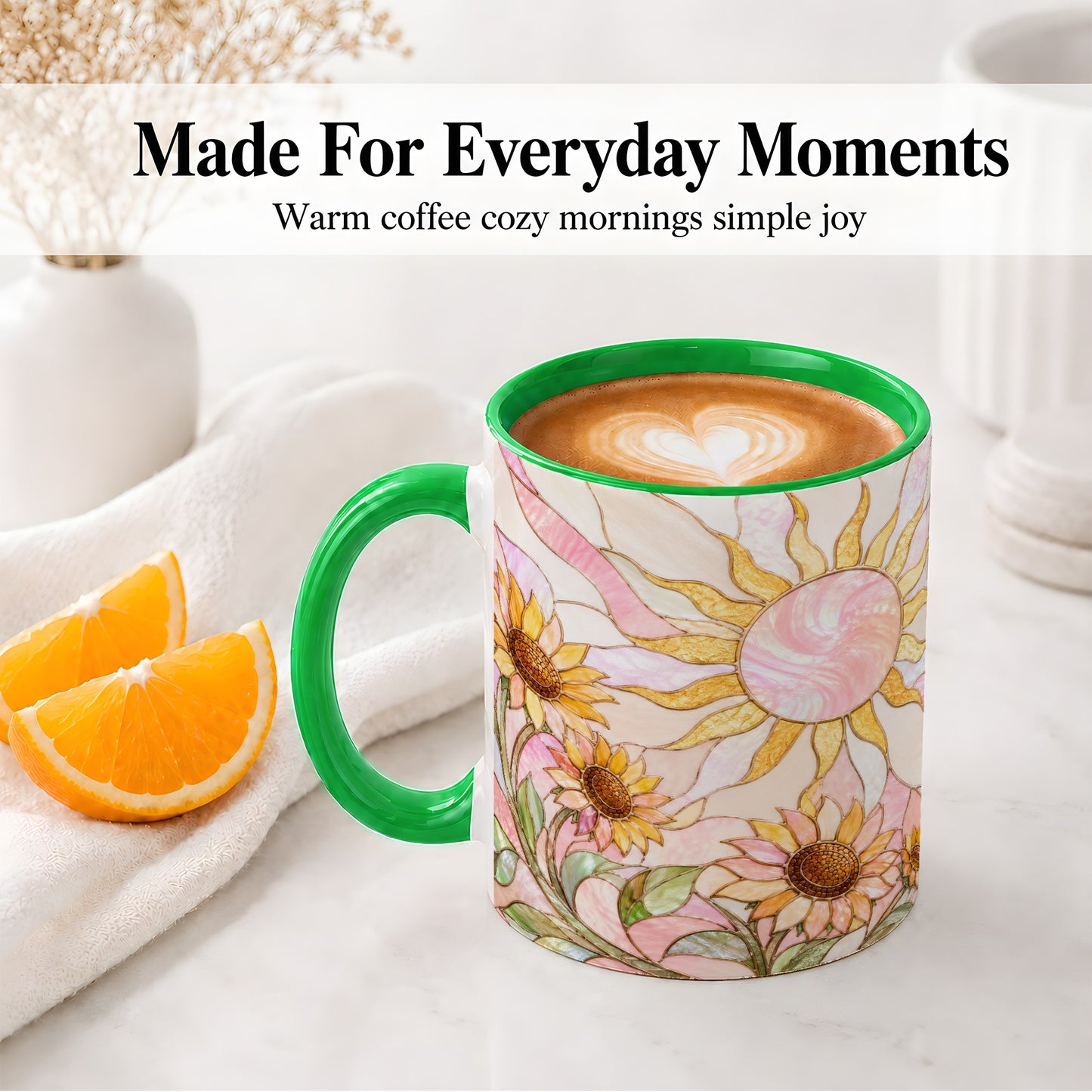 #pl[11oz|Green] Stained Glass Sunflower Ceramic Mug, Pastel Sun Art for Flower Fans