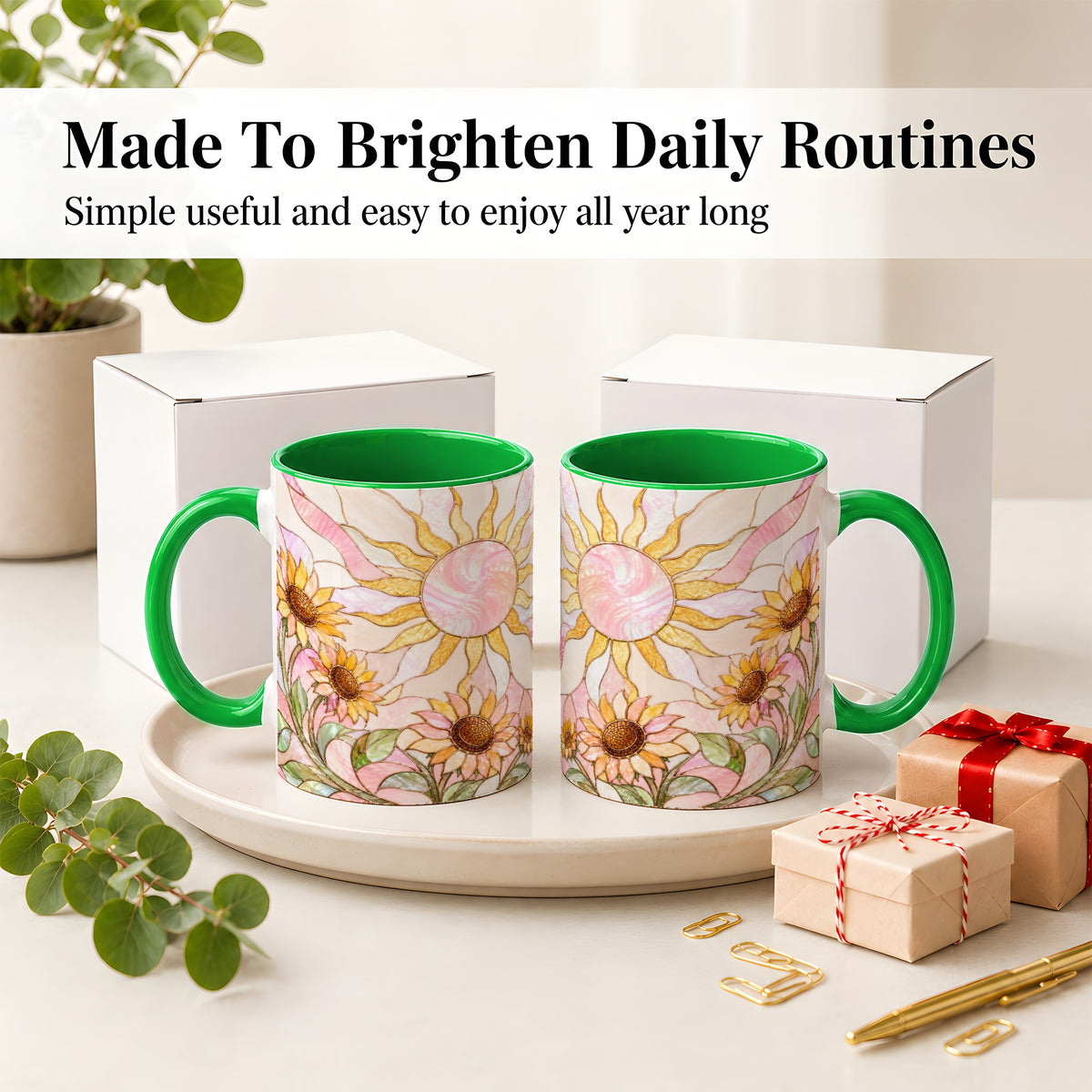#pl[11oz|Green] Stained Glass Sunflower Ceramic Mug, Pastel Sun Art for Flower Fans