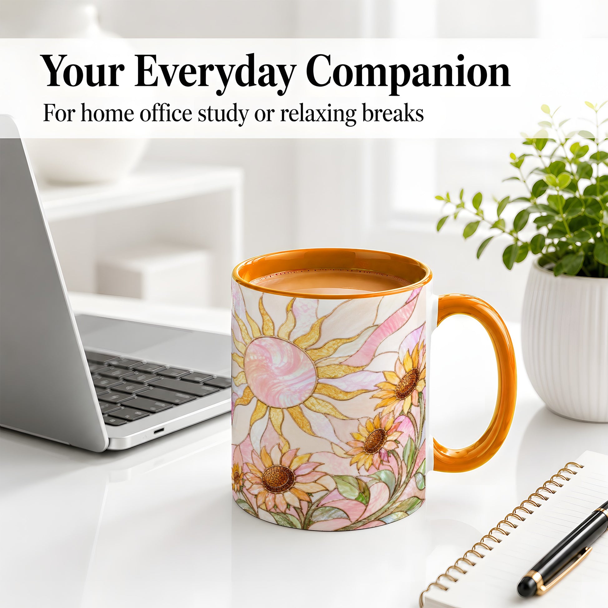 #pl[11oz|Orange] Stained Glass Sunflower Ceramic Mug, Pastel Sun Art for Flower Fans