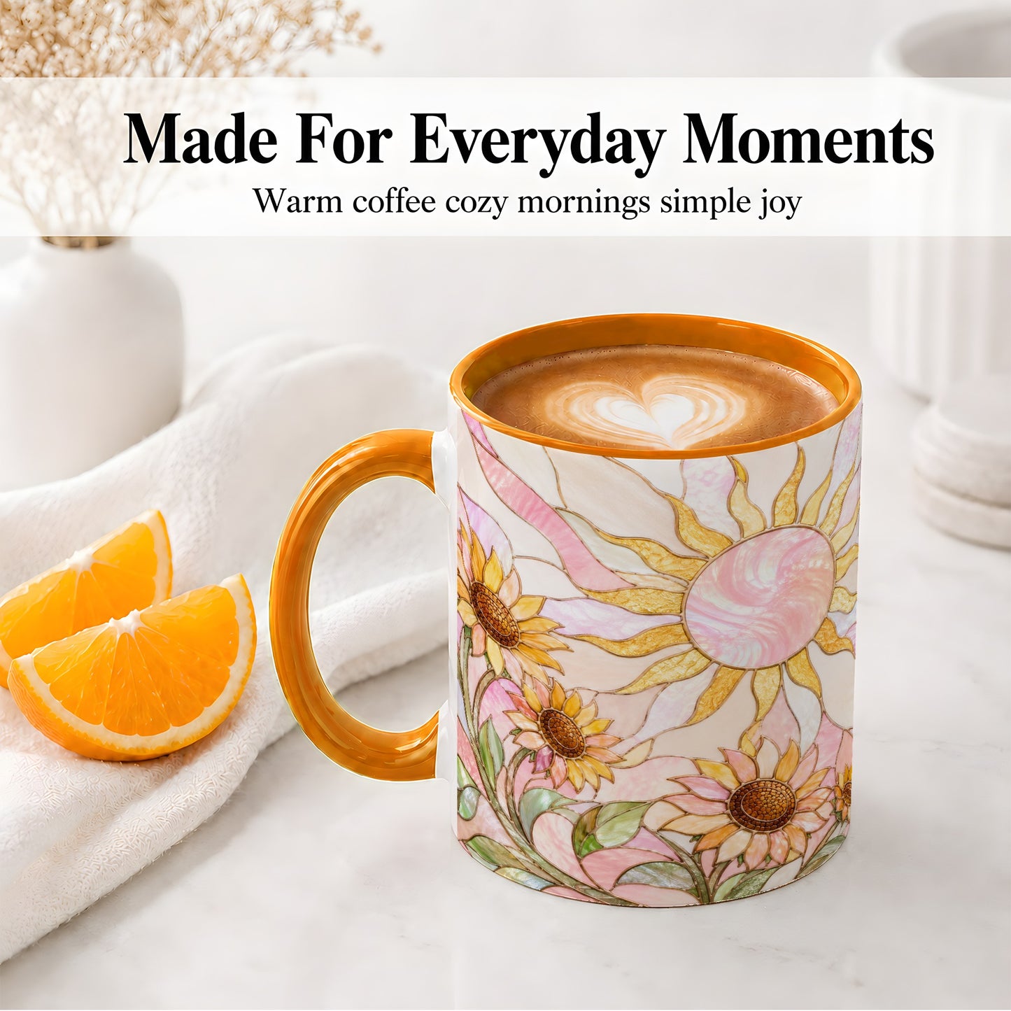 #pl[11oz|Orange] Stained Glass Sunflower Ceramic Mug, Pastel Sun Art for Flower Fans