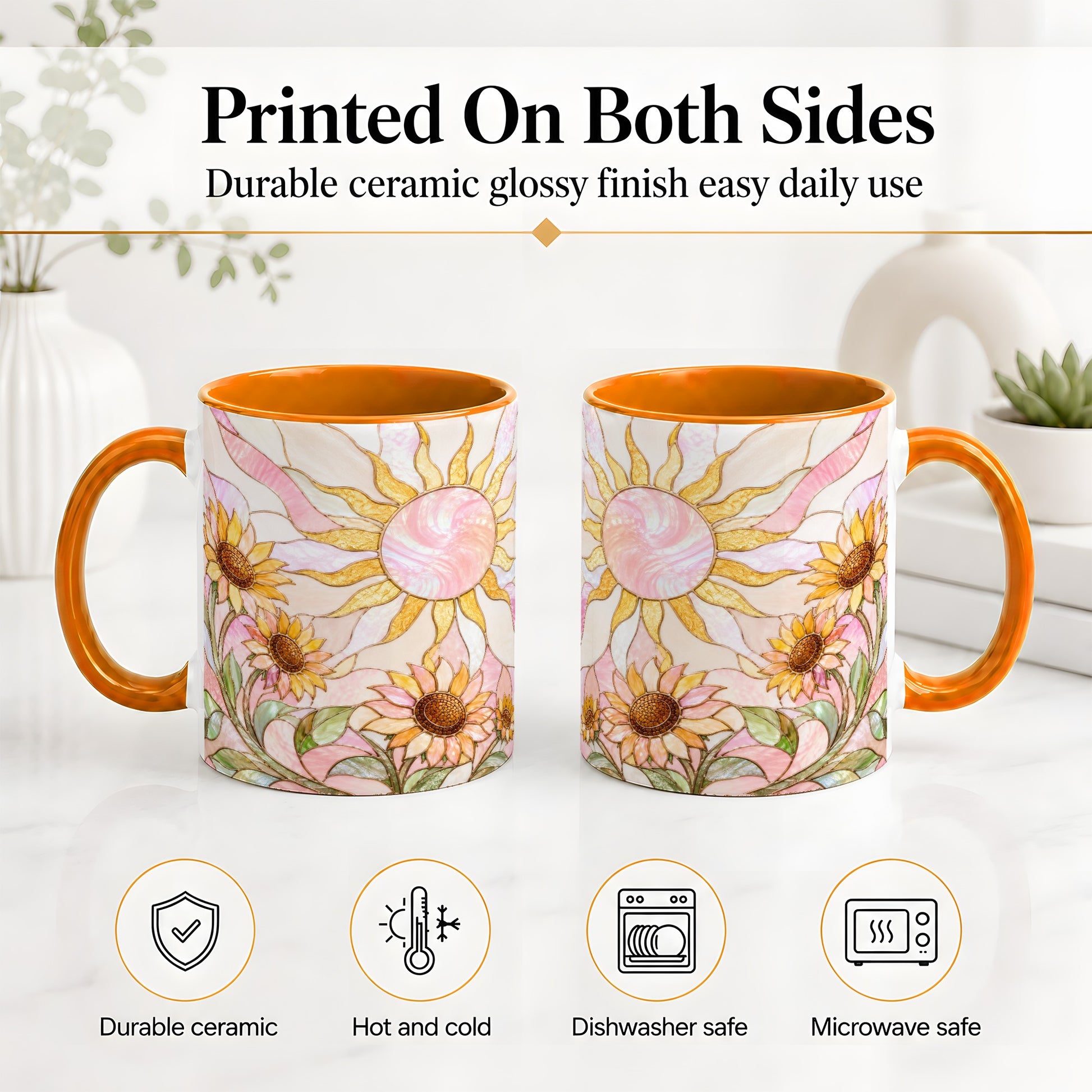 #pl[11oz|Orange] Stained Glass Sunflower Ceramic Mug, Pastel Sun Art for Flower Fans