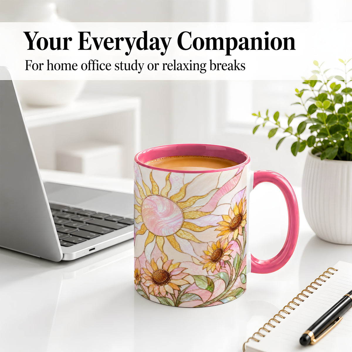 #pl[11oz|Pink] Stained Glass Sunflower Ceramic Mug, Pastel Sun Art for Flower Fans