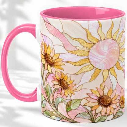 #pl[11oz|Pink] Stained Glass Sunflower Ceramic Mug, Pastel Sun Art for Flower Fans