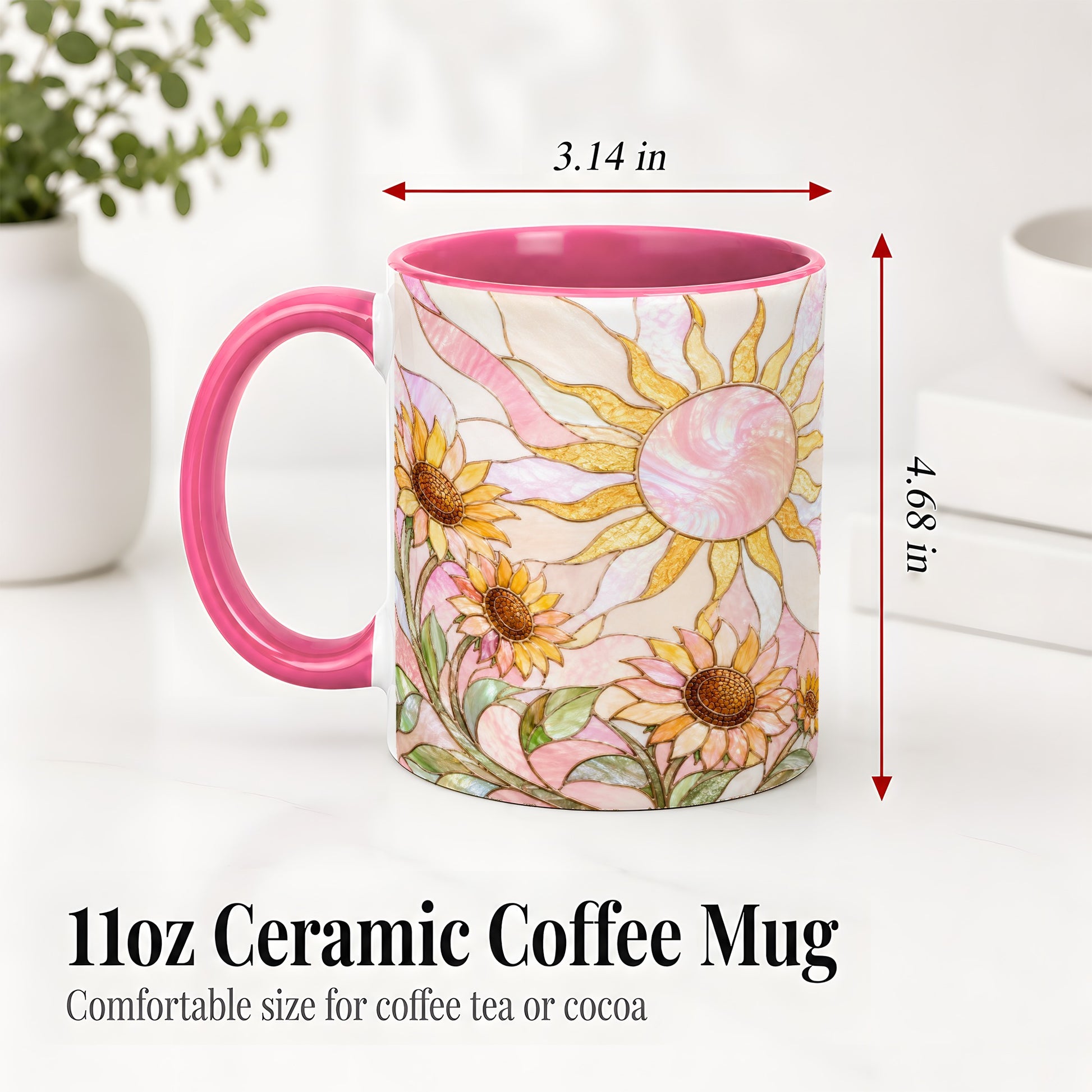 #pl[11oz|Pink] Stained Glass Sunflower Ceramic Mug, Pastel Sun Art for Flower Fans