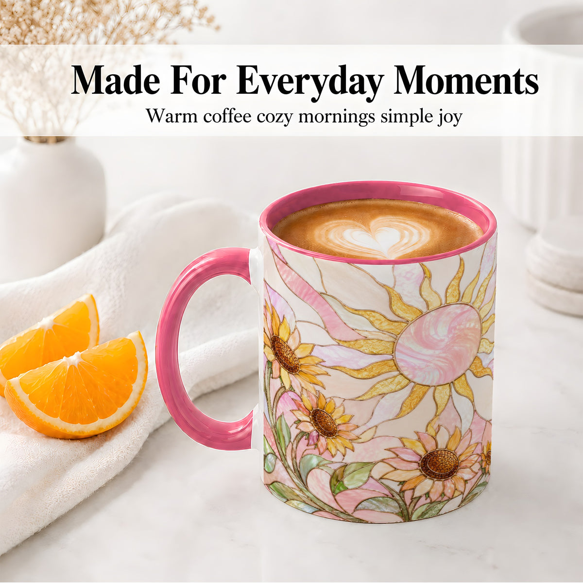 #pl[11oz|Pink] Stained Glass Sunflower Ceramic Mug, Pastel Sun Art for Flower Fans