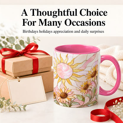 #pl[11oz|Pink] Stained Glass Sunflower Ceramic Mug, Pastel Sun Art for Flower Fans
