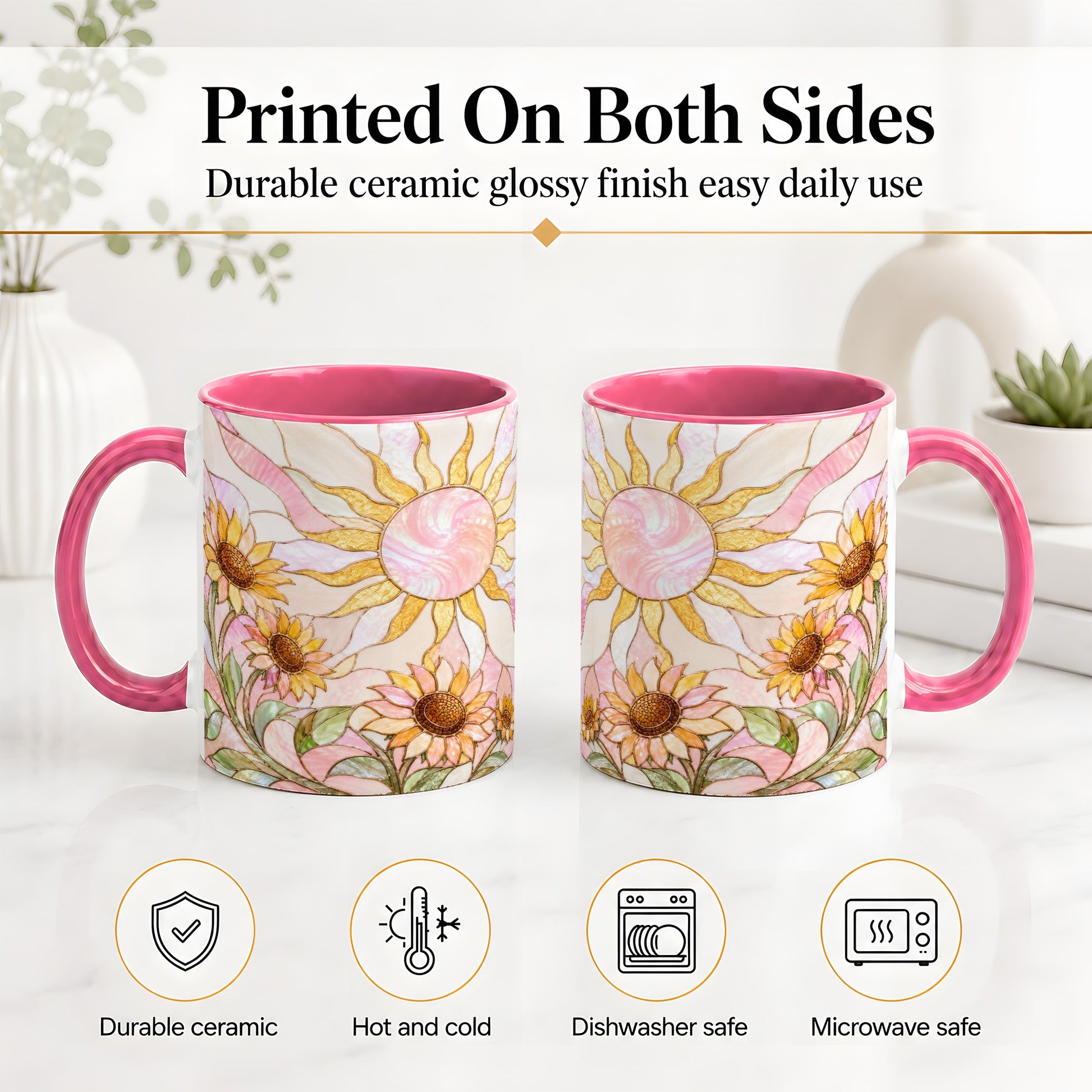 #pl[11oz|Pink] Stained Glass Sunflower Ceramic Mug, Pastel Sun Art for Flower Fans