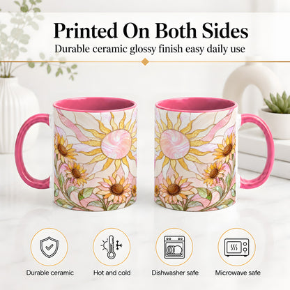 #pl[11oz|Pink] Stained Glass Sunflower Ceramic Mug, Pastel Sun Art for Flower Fans