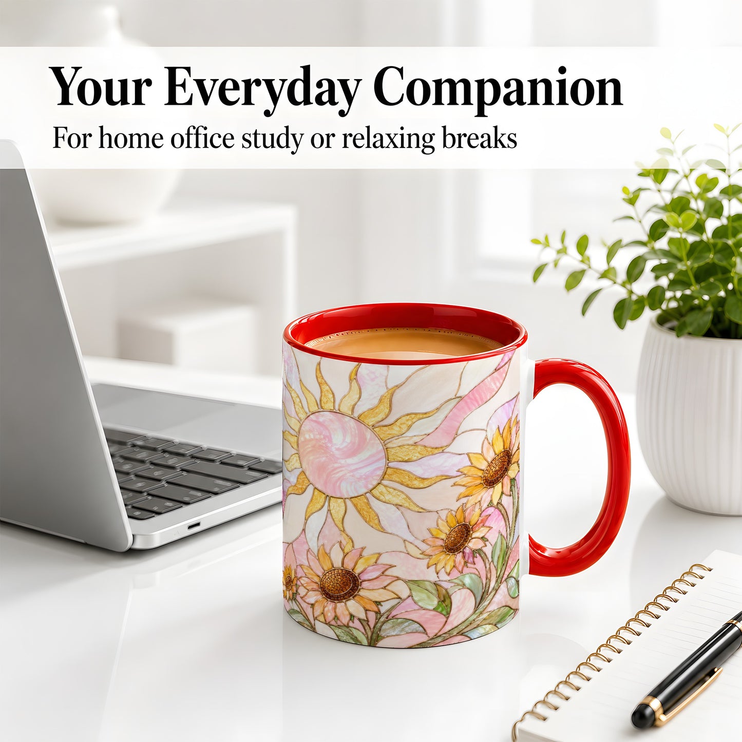 #pl[11oz|Red] Stained Glass Sunflower Ceramic Mug, Pastel Sun Art for Flower Fans