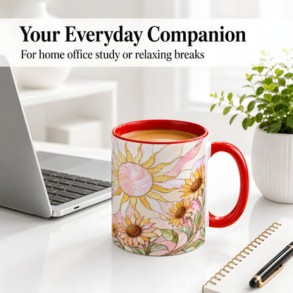 #pl[11oz|Red] Stained Glass Sunflower Ceramic Mug, Pastel Sun Art for Flower Fans