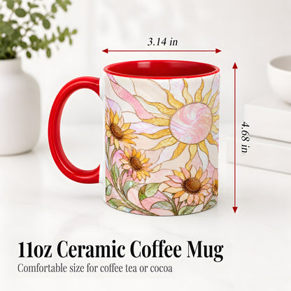 #pl[11oz|Red] Stained Glass Sunflower Ceramic Mug, Pastel Sun Art for Flower Fans
