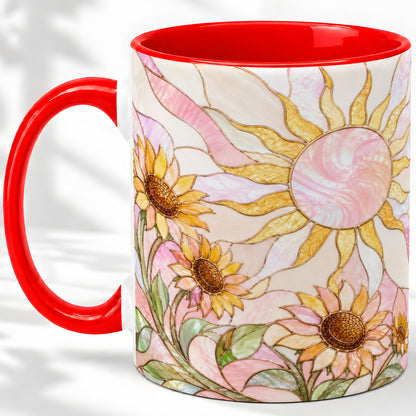 Stained Glass Sunflower Ceramic Mug, Pastel Sun Art for Flower Fans