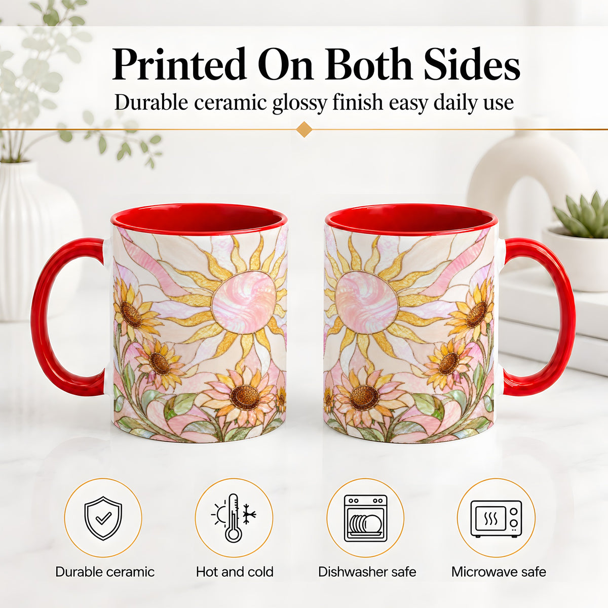 #pl[11oz|Red] Stained Glass Sunflower Ceramic Mug, Pastel Sun Art for Flower Fans