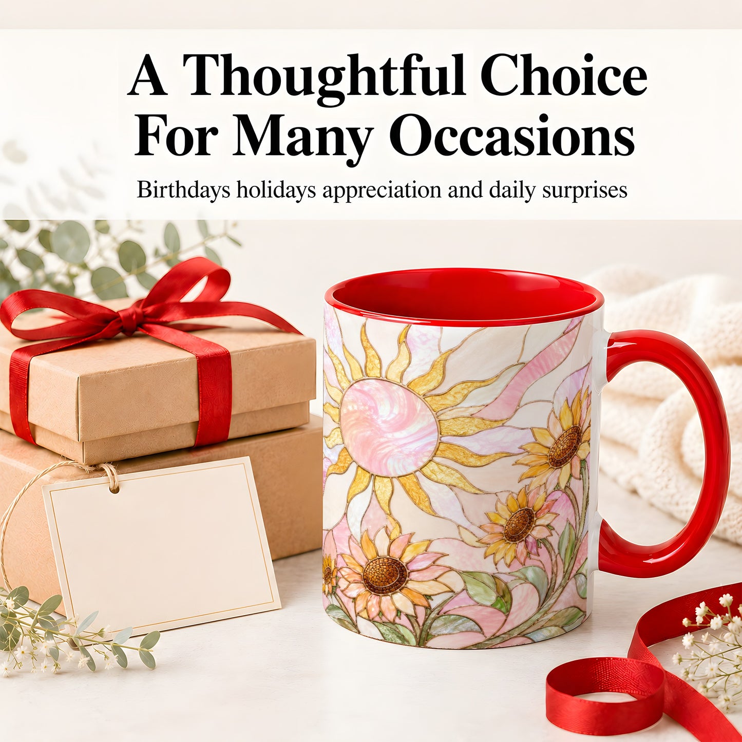 #pl[11oz|Red] Stained Glass Sunflower Ceramic Mug, Pastel Sun Art for Flower Fans