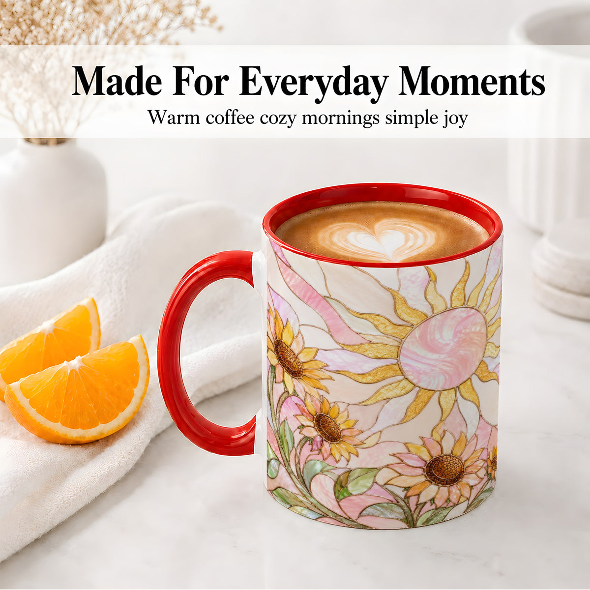 #pl[11oz|Red] Stained Glass Sunflower Ceramic Mug, Pastel Sun Art for Flower Fans