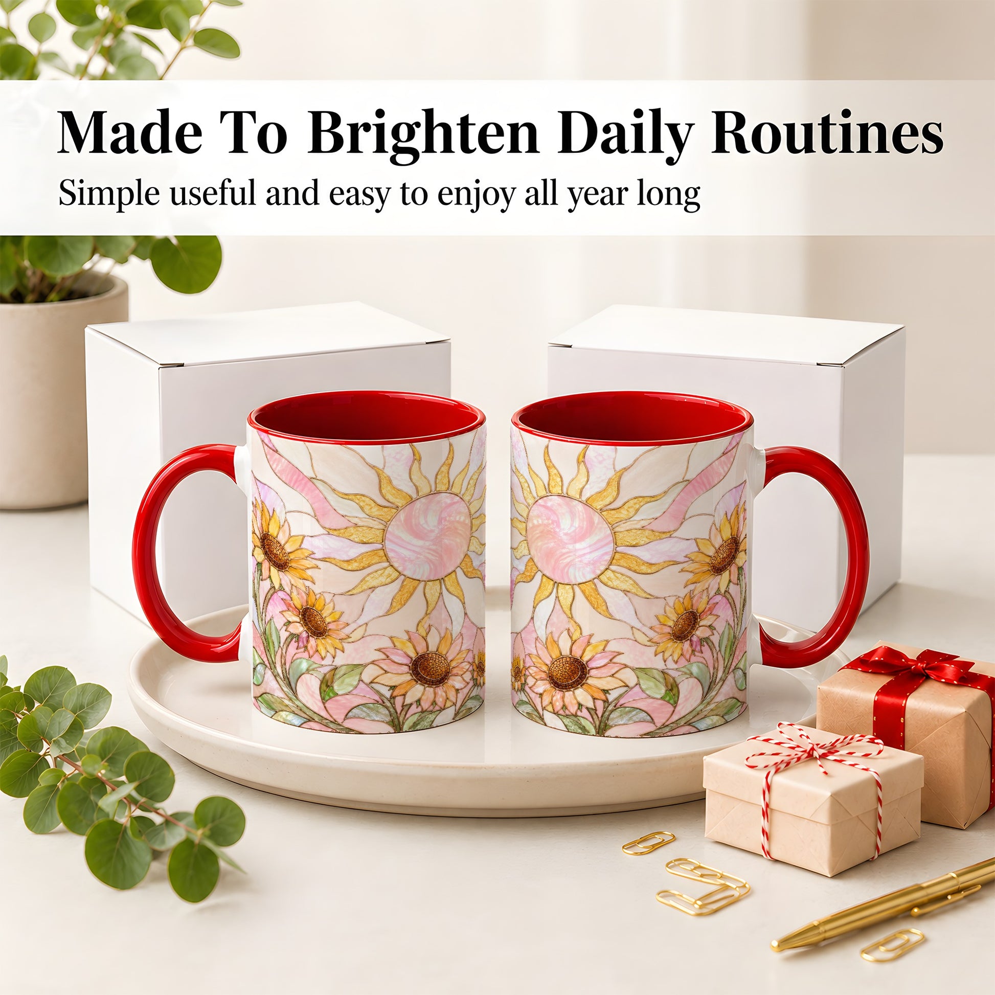 #pl[11oz|Red] Stained Glass Sunflower Ceramic Mug, Pastel Sun Art for Flower Fans