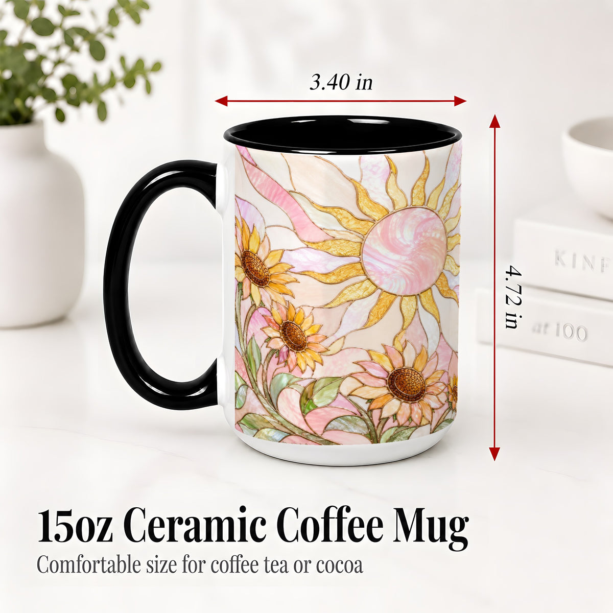#pl[15oz|Black] Stained Glass Sunflower Ceramic Mug, Pastel Sun Art for Flower Fans