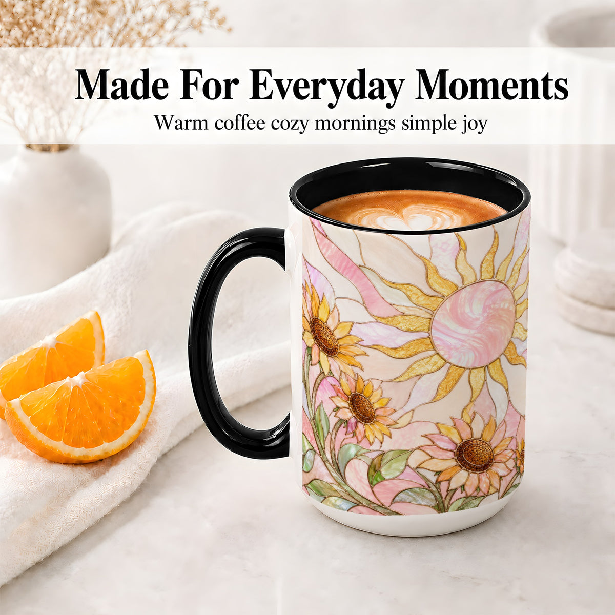 #pl[15oz|Black] Stained Glass Sunflower Ceramic Mug, Pastel Sun Art for Flower Fans