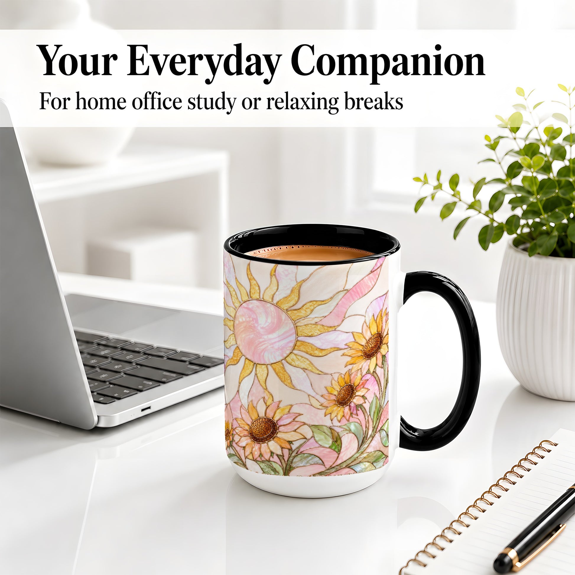 #pl[15oz|Black] Stained Glass Sunflower Ceramic Mug, Pastel Sun Art for Flower Fans