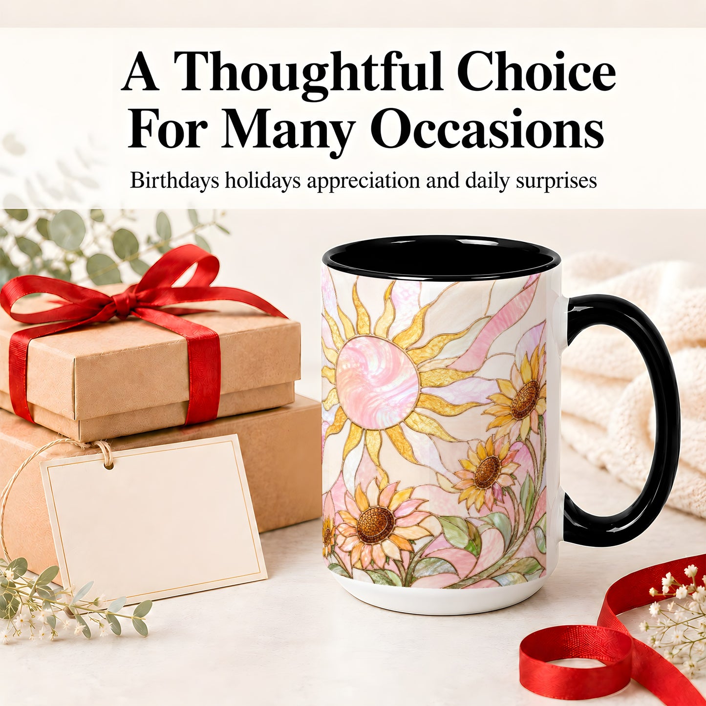 #pl[15oz|Black] Stained Glass Sunflower Ceramic Mug, Pastel Sun Art for Flower Fans