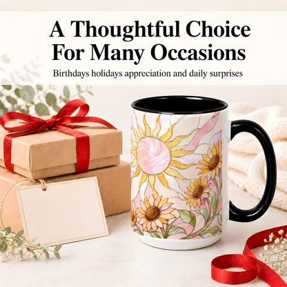 #pl[15oz|Black] Stained Glass Sunflower Ceramic Mug, Pastel Sun Art for Flower Fans