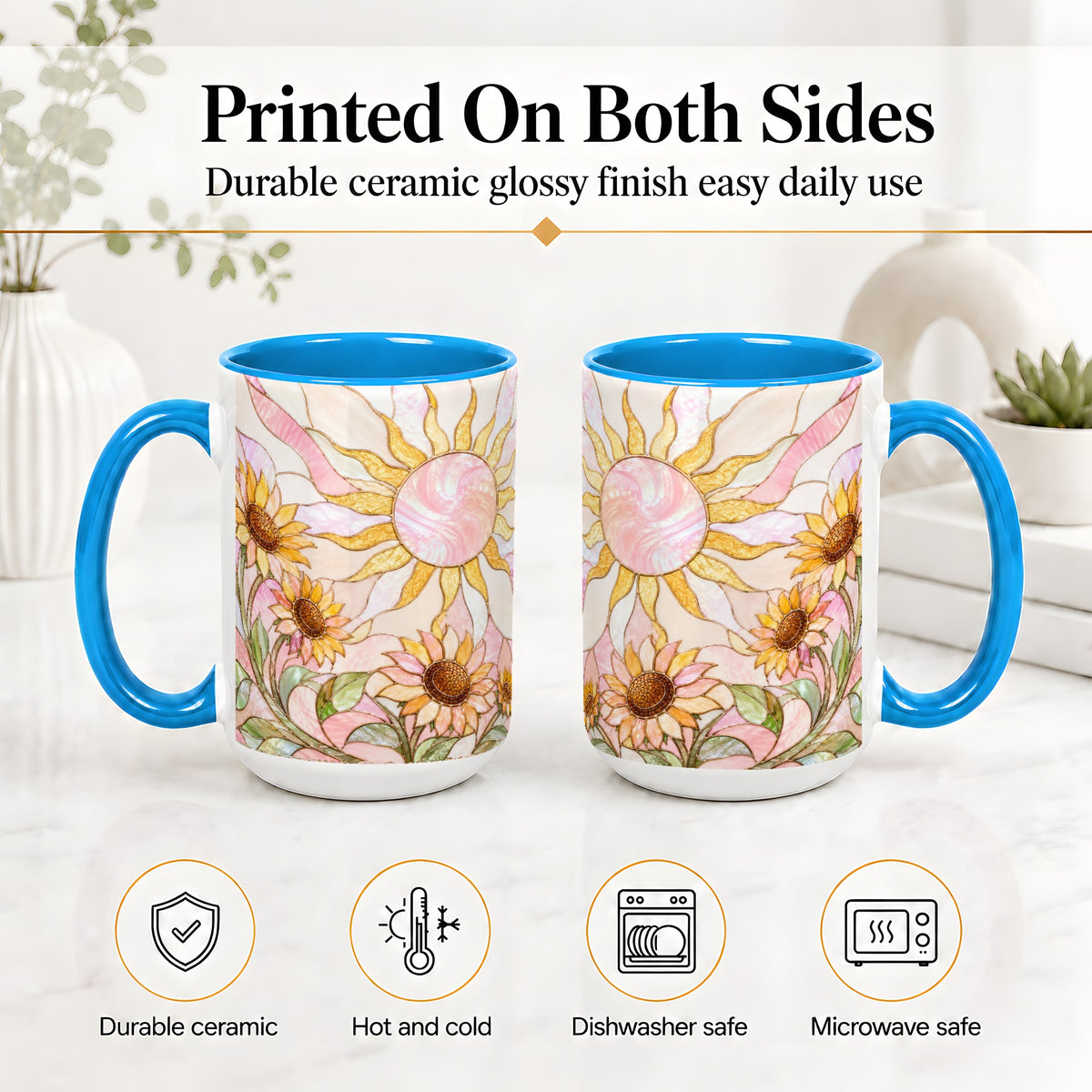 #pl[15oz|Blue] Stained Glass Sunflower Ceramic Mug, Pastel Sun Art for Flower Fans