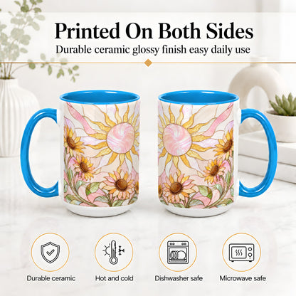 #pl[15oz|Blue] Stained Glass Sunflower Ceramic Mug, Pastel Sun Art for Flower Fans