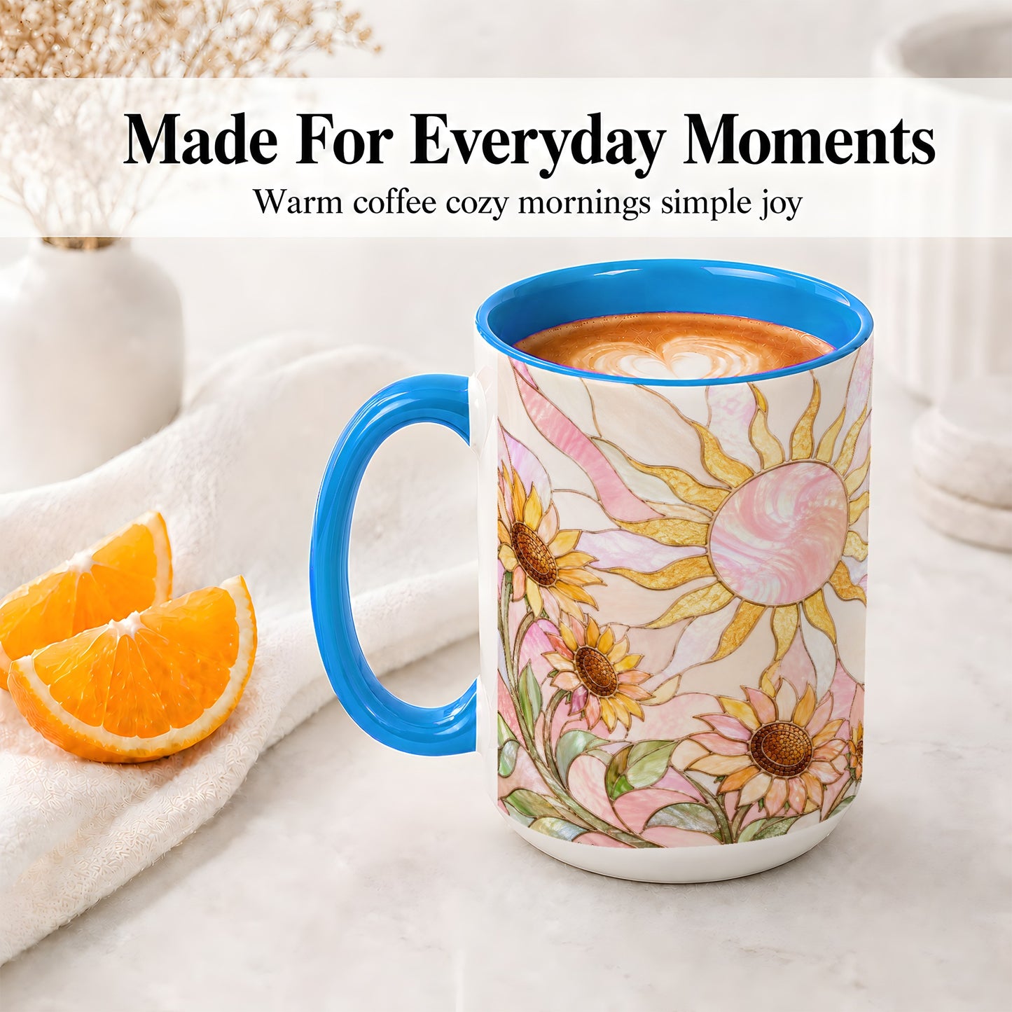 #pl[15oz|Blue] Stained Glass Sunflower Ceramic Mug, Pastel Sun Art for Flower Fans