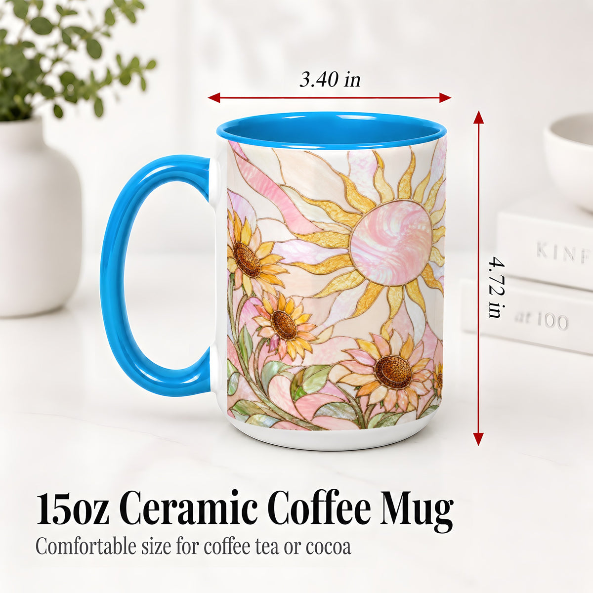 #pl[15oz|Blue] Stained Glass Sunflower Ceramic Mug, Pastel Sun Art for Flower Fans