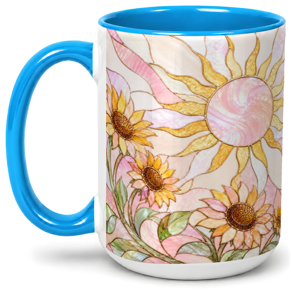 #pl[15oz|Blue] Stained Glass Sunflower Ceramic Mug, Pastel Sun Art for Flower Fans